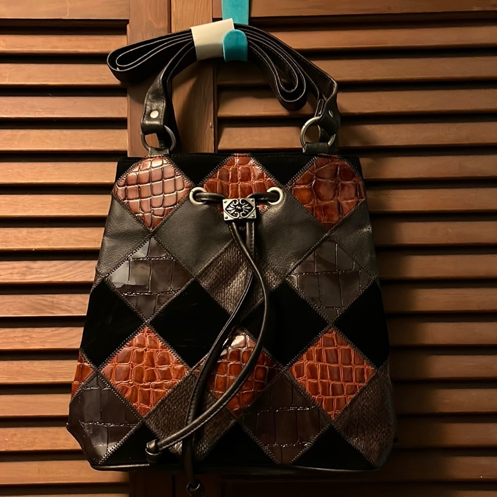 Patchwork drawstring bucket bag with companion wallet
